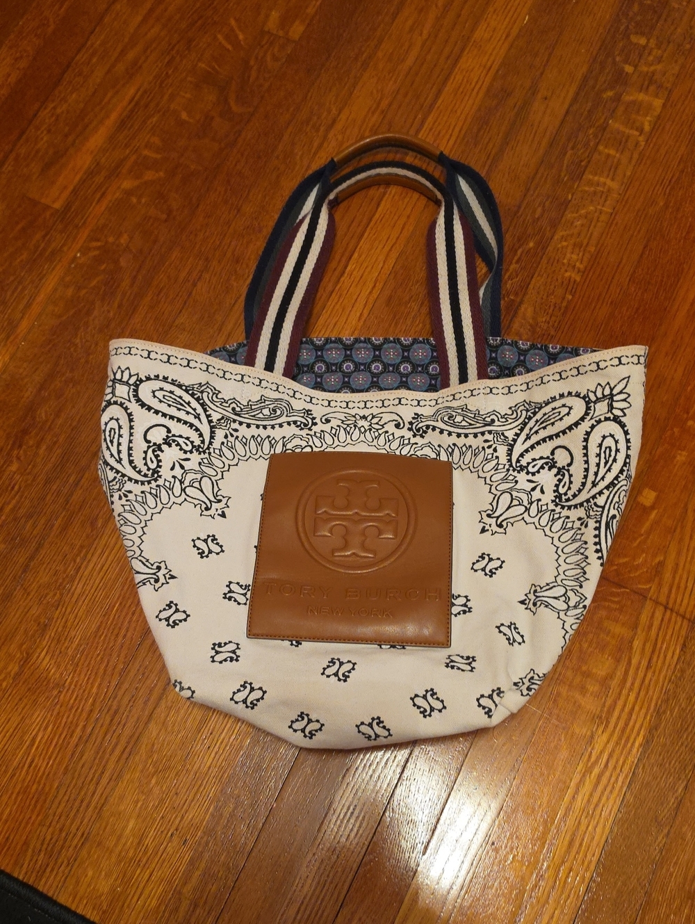 Tory Burch Ivory Bandana-Print Tote with Brown Leather Logo Patch